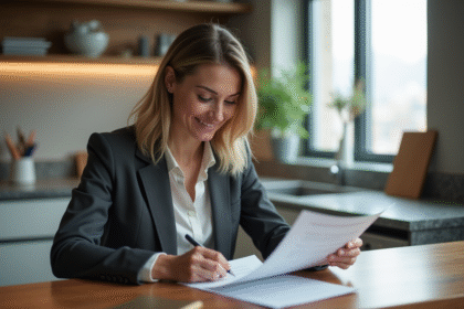 Femme d'affaires relisant des documents de prêt immobilier