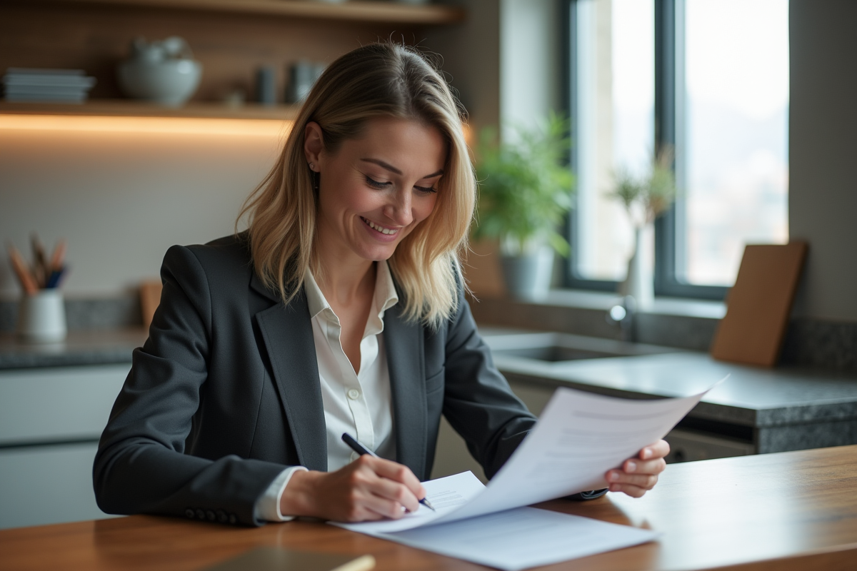 Femme d'affaires relisant des documents de prêt immobilier