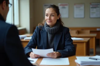 Femme remettant des documents à un agent administratif