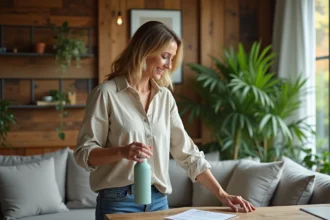 Femme souriante dans un salon moderne et écologique