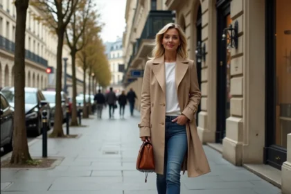 Femme élégante en trench beige dans une rue parisienne