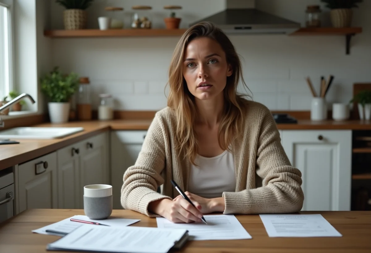 Femme préoccupée remplissant une déclaration d'assurance