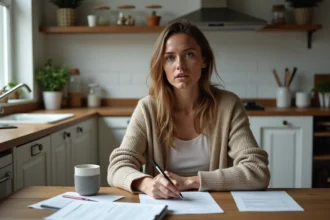 Femme préoccupée remplissant une déclaration d'assurance