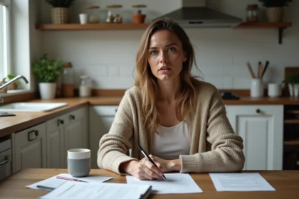 Femme préoccupée remplissant une déclaration d'assurance