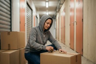 Femme emballant des cartons dans un couloir de garde-meuble à Angers pendant un déménagement