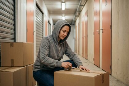 Femme emballant des cartons dans un couloir de garde-meuble à Angers pendant un déménagement