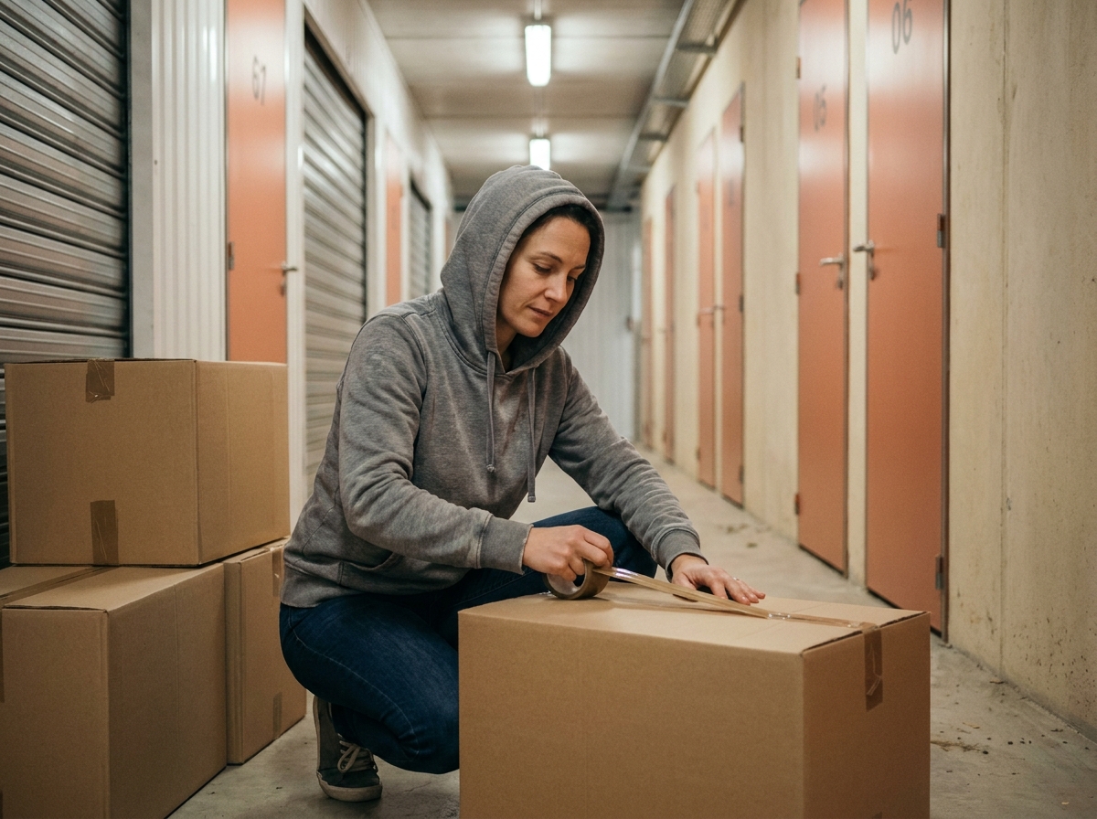 Femme emballant des cartons dans un couloir de garde-meuble à Angers pendant un déménagement