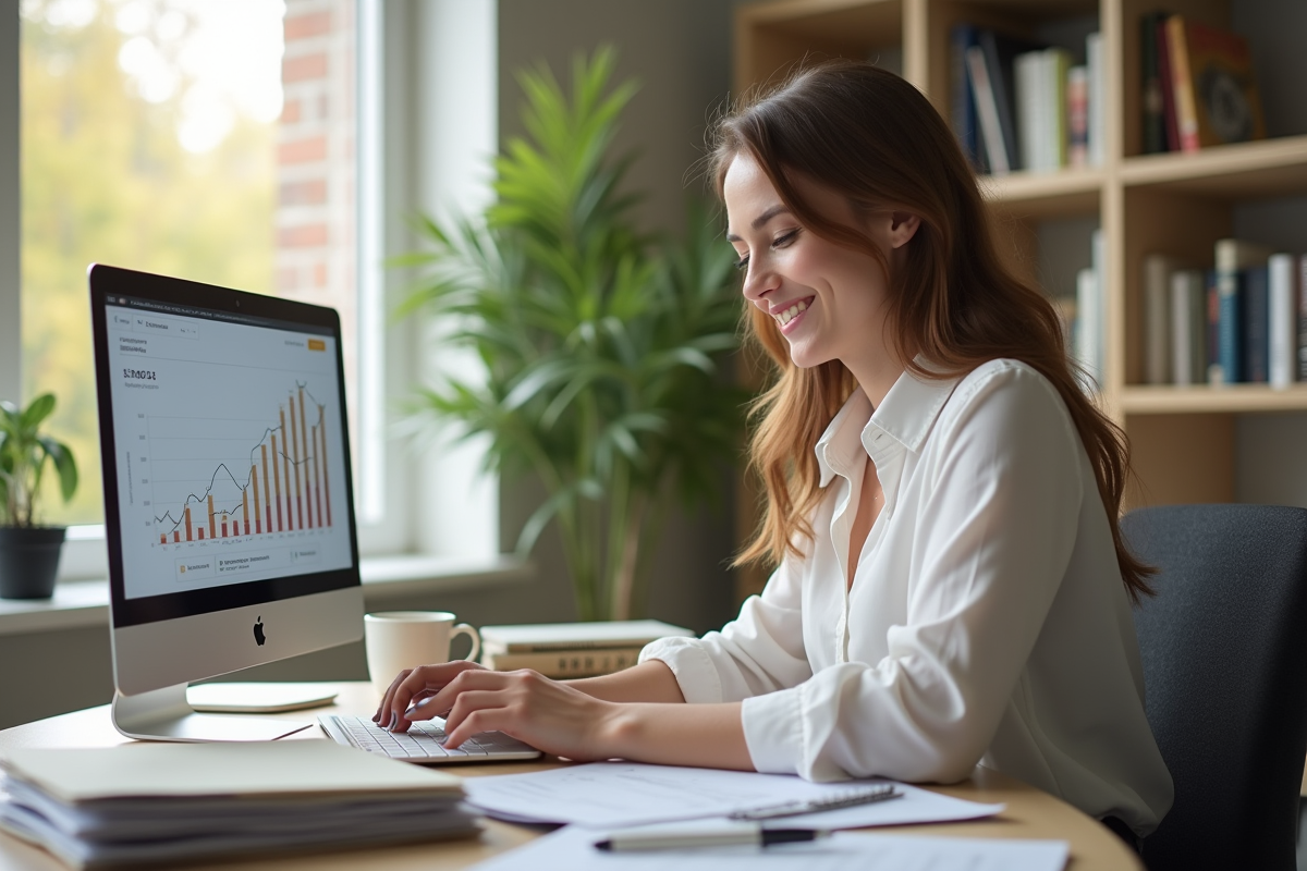 Jeune femme gérant ses finances locatives sur un ordinateur