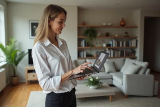 Femme d'âge moyen dans un appartement moderne regardant un site immobilier