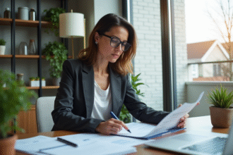 Femme professionnelle en bureau immobilier avec documents