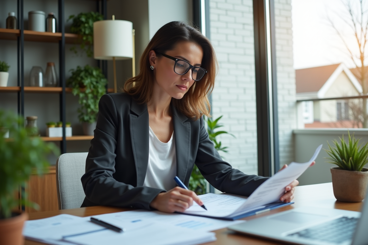Femme professionnelle en bureau immobilier avec documents