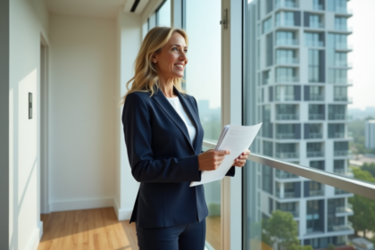 Femme d'affaires souriante avec documents immobiliers