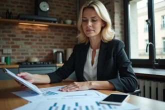 Femme d affaires étudiant des documents immobiliers dans une cuisine