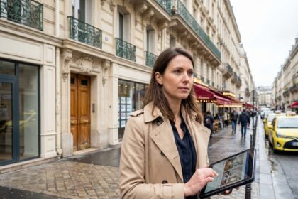 Femme professionnelle en trench beige regardant des annonces immobilières à Paris