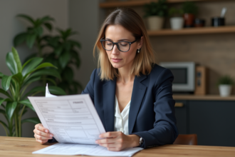Femme en blazer bleu examinant des documents fiscaux à la maison