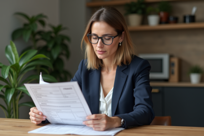 Femme en blazer bleu examinant des documents fiscaux à la maison