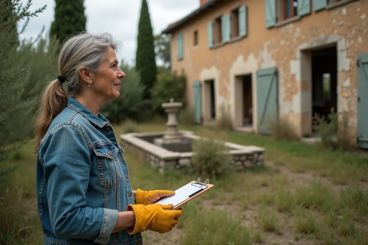 Femme inspectant une bastide abandonnée à donner dans les Bouches-du-Rhône en PACA