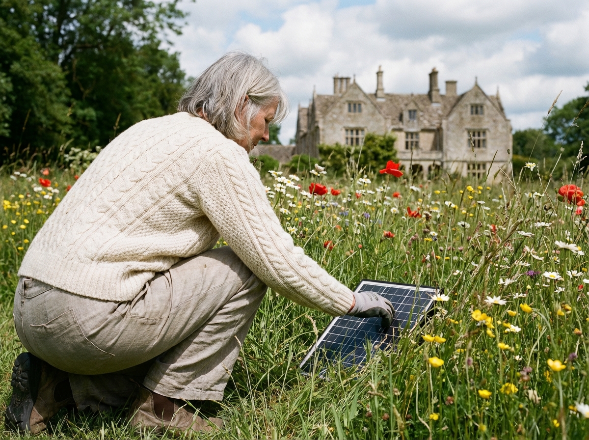 Femme âgée ajustant des panneaux solaires dans un pré