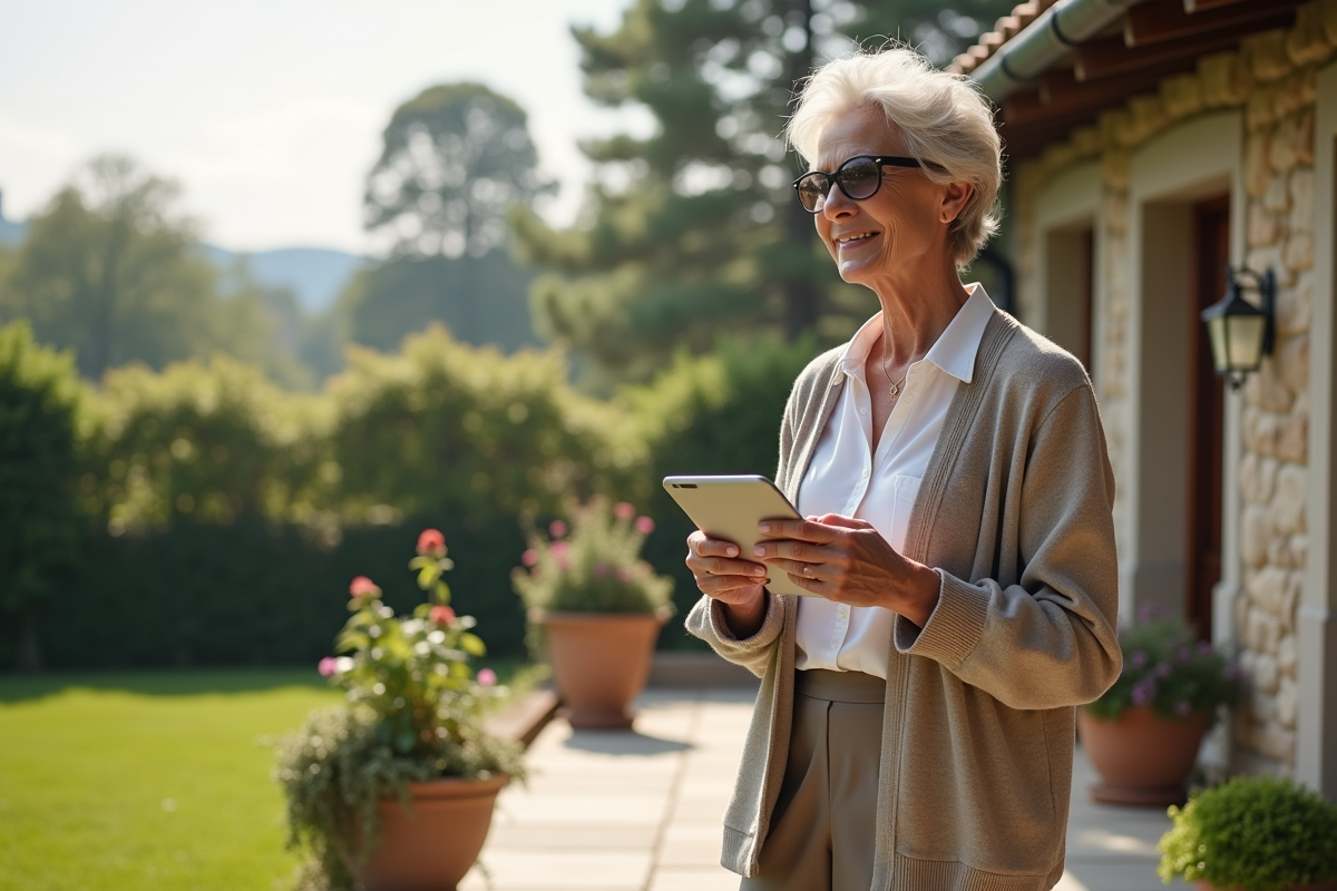Femme mature regardant le jardin depuis la terrasse d
