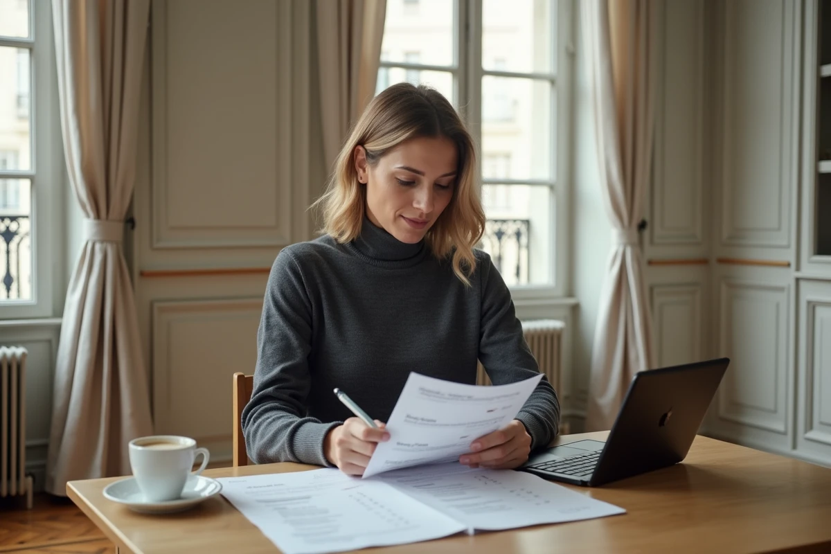 Femme lisant des avis clients sur une agence immobilière Orpi depuis son appartement parisien
