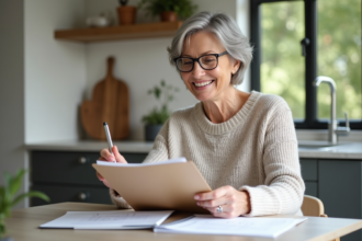 Femme d'âge moyen souriante avec dossier dans une cuisine lumineuse