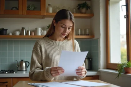 Femme d'une trentaine d'années lisant des papiers de location dans sa cuisine