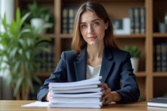 Femme professionnelle tenant des documents juridiques dans un bureau moderne