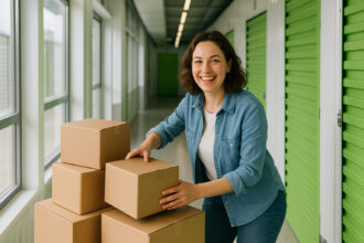 Femme organisée dans un espace de stockage moderne lumineux