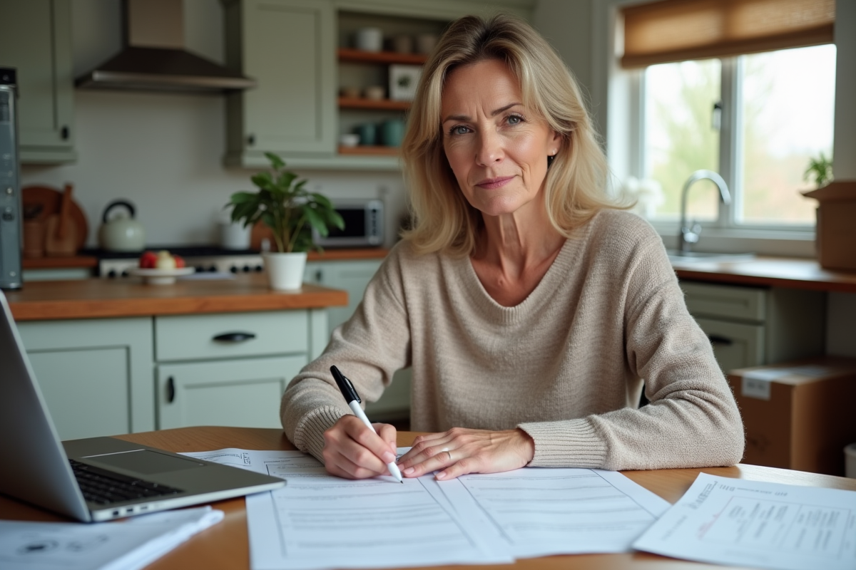 Femme vérifiant sa liste de déménagement dans la cuisine