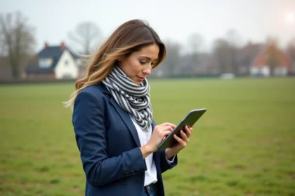 Femme en extérieur examinant sa tablette dans un champ rural