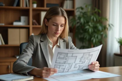 Femme consultant des documents immobiliers pour sa première vente de maison