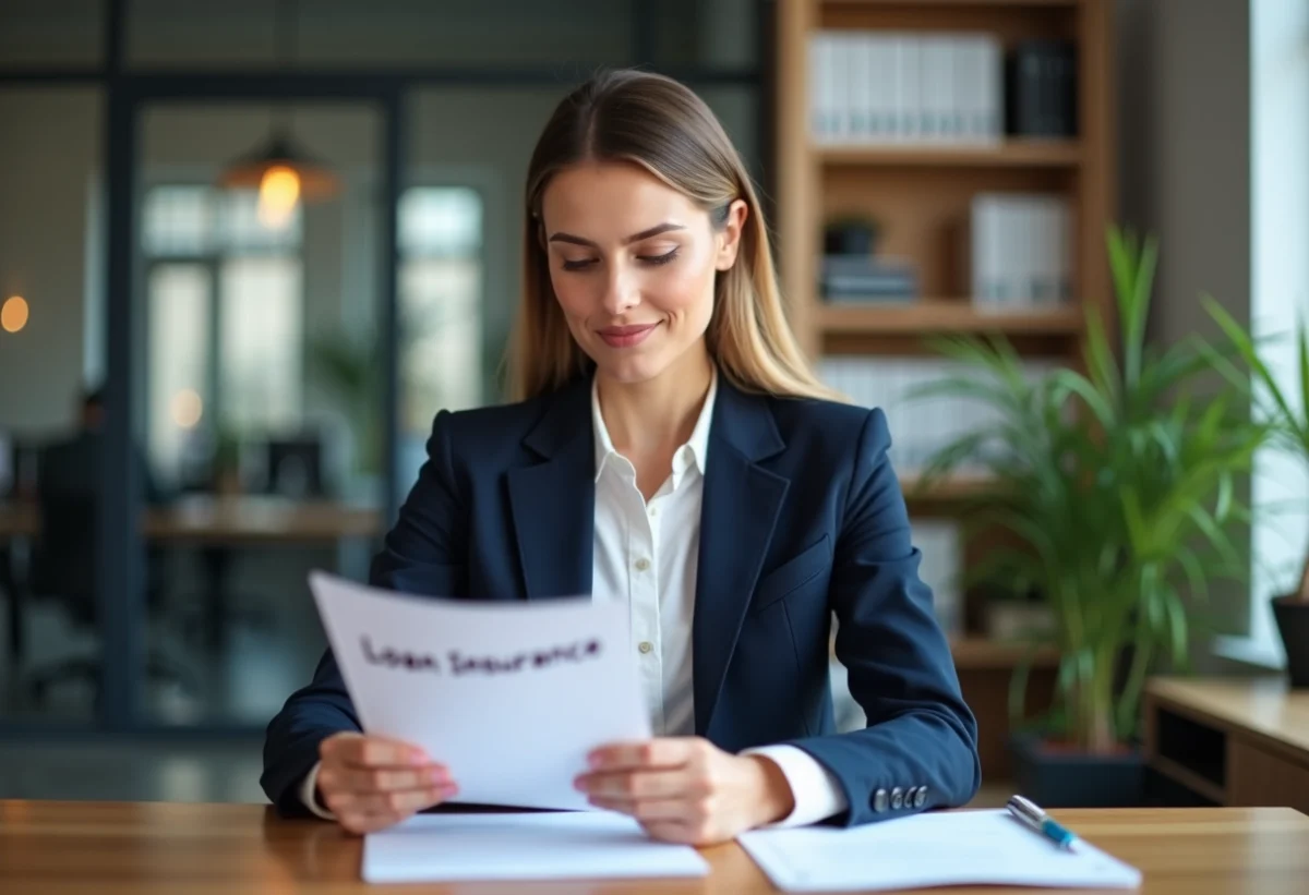 Femme professionnelle en bureau examinant un document de prêt