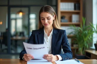 Femme professionnelle en bureau examinant un document de prêt