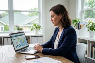 Femme professionnelle analysant des données immobilières dans un bureau moderne