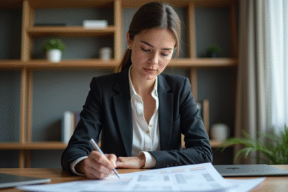 Femme professionnelle en bureau examinant un relevé de prêt