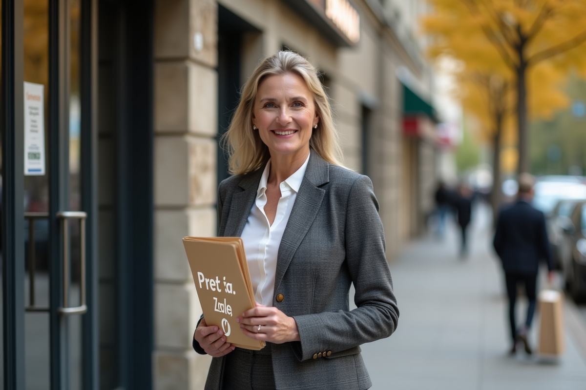 Femme souriante tenant un dossier prêt à taux zéro devant une banque