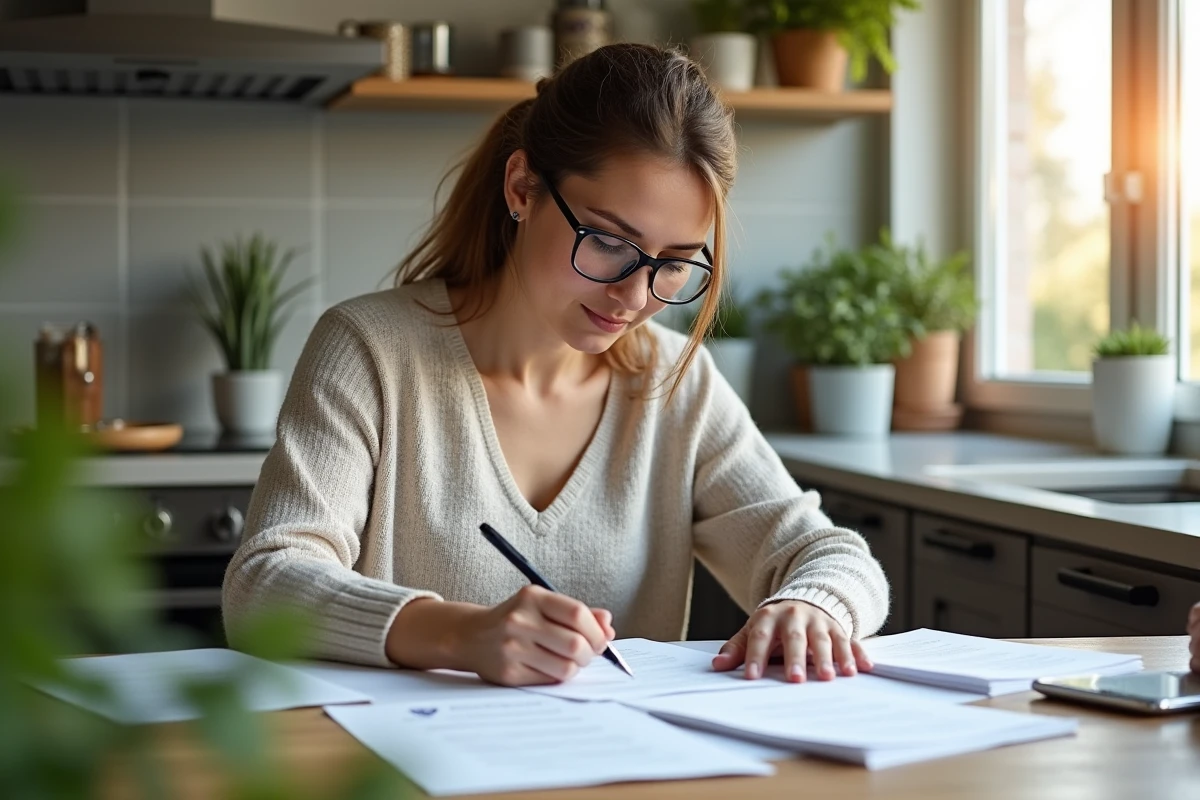 Femme examinant des reçus de dépenses dans la cuisine moderne