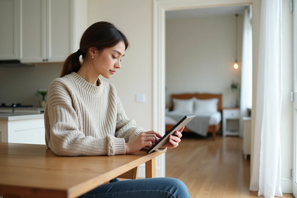 Jeune femme cherchant logement sur tablette à l