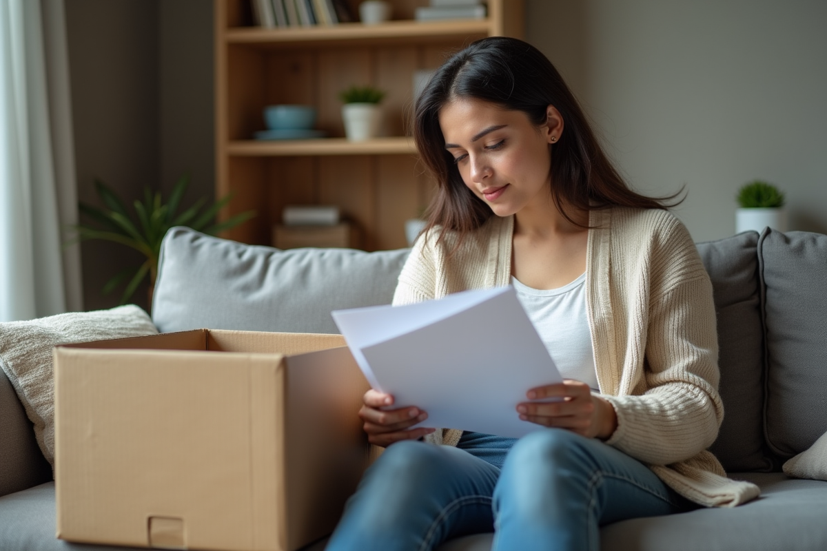 Femme examinant documents dans un salon cosy