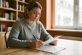 Femme relisant son contrat d'assurance habitation à une table en bois dans un appartement moderne