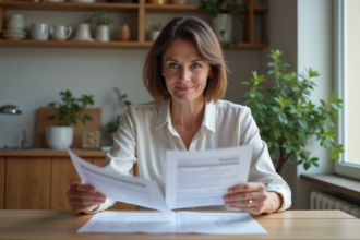 Femme relisant documents de location dans un appartement français