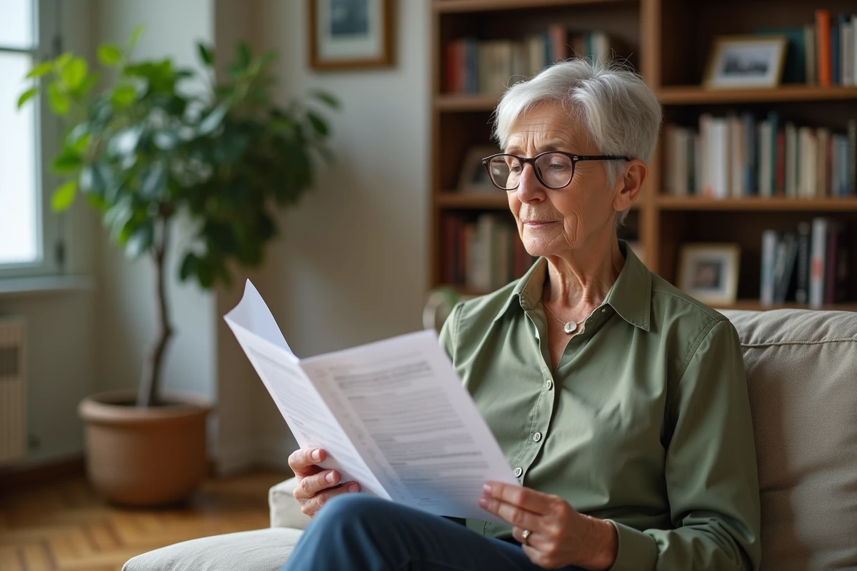 Femme senior lisant attentivement un document de simulation viager dans son salon