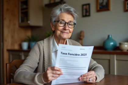 Femme senior avec document taxe fonciere 2025