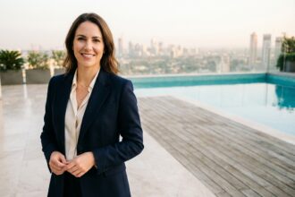 Femme élégante en blazer navy sur terrasse de villa de luxe