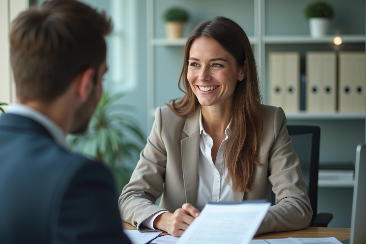 Femme souriante discutant avec conseiller immobilier dans un bureau lumineux