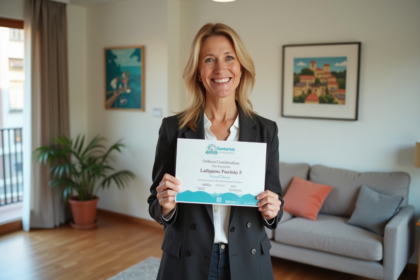 Femme souriante tenant un certificat de classification touristique