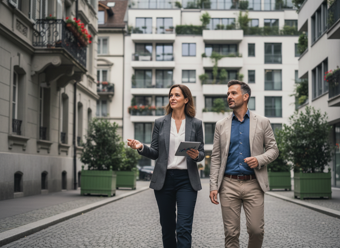 Femme suisse guide un homme dans une rue urbaine
