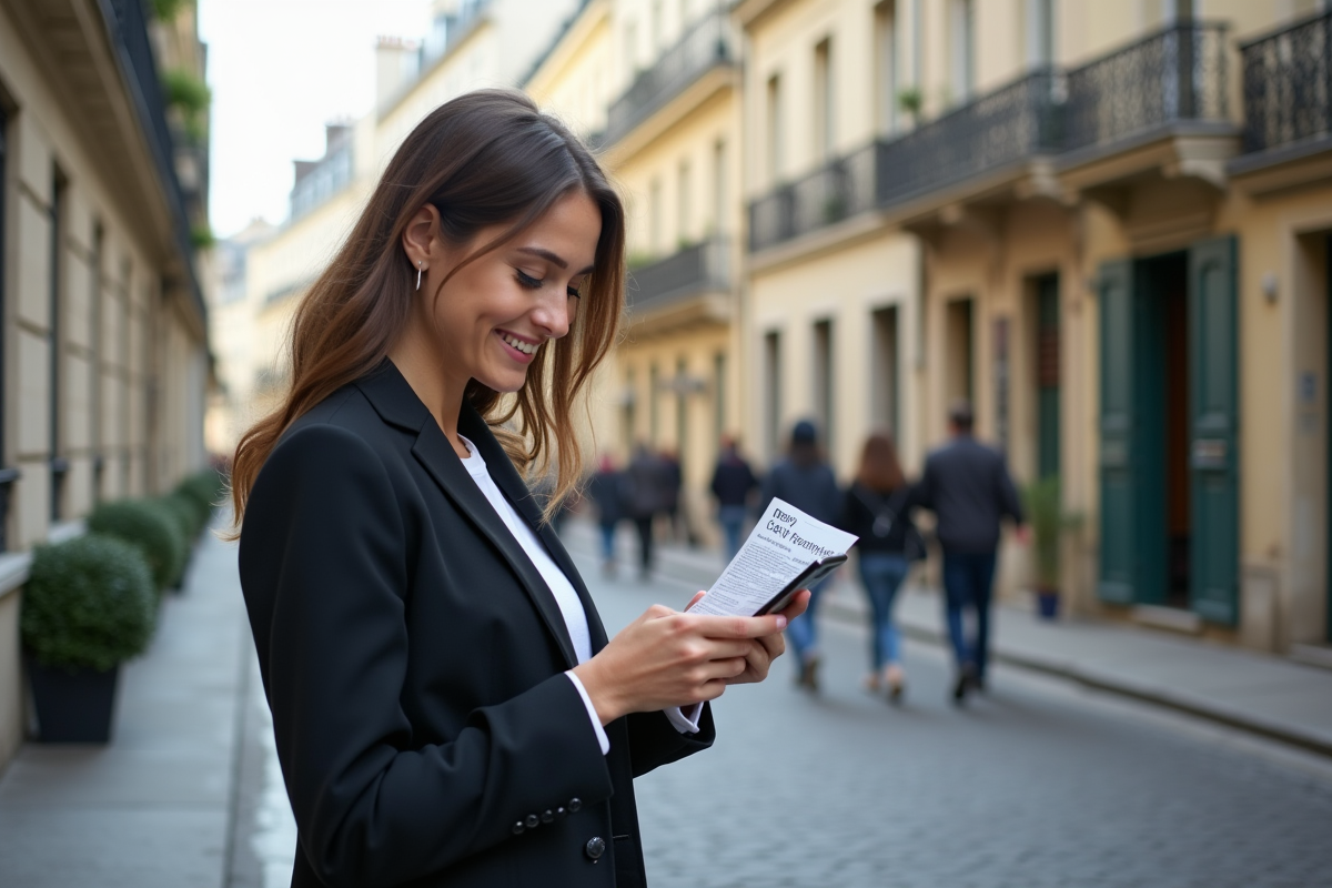 Jeune femme souriante tenant un avis d