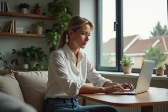 Femme assise à son bureau moderne travaillant sur son ordinateur