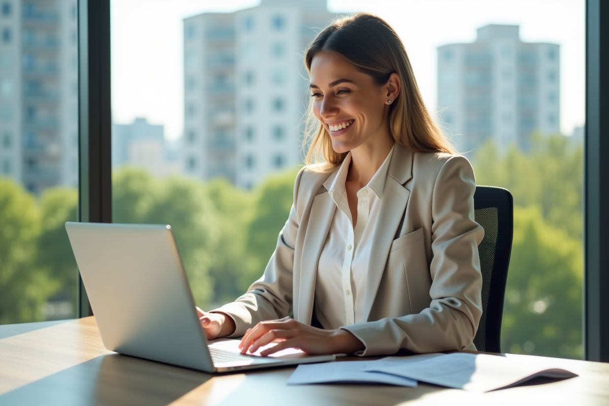 Femme souriante travaillant sur son ordinateur dans un bureau lumineux